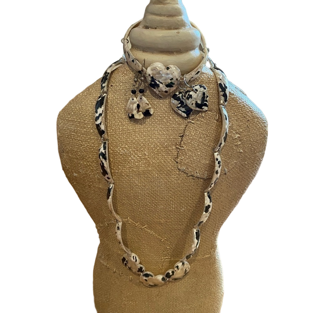 Vintage Brown & Cream Spotted Shell Jewelry Set Necklace, Bracelet & Earrings